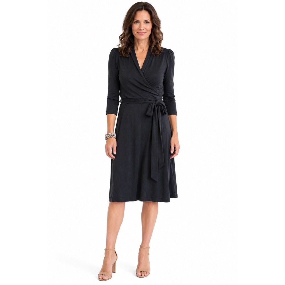 Banana Republic Wrap Dress Womens XL Black 3/4 Sleeve Tie Waist Knee Length